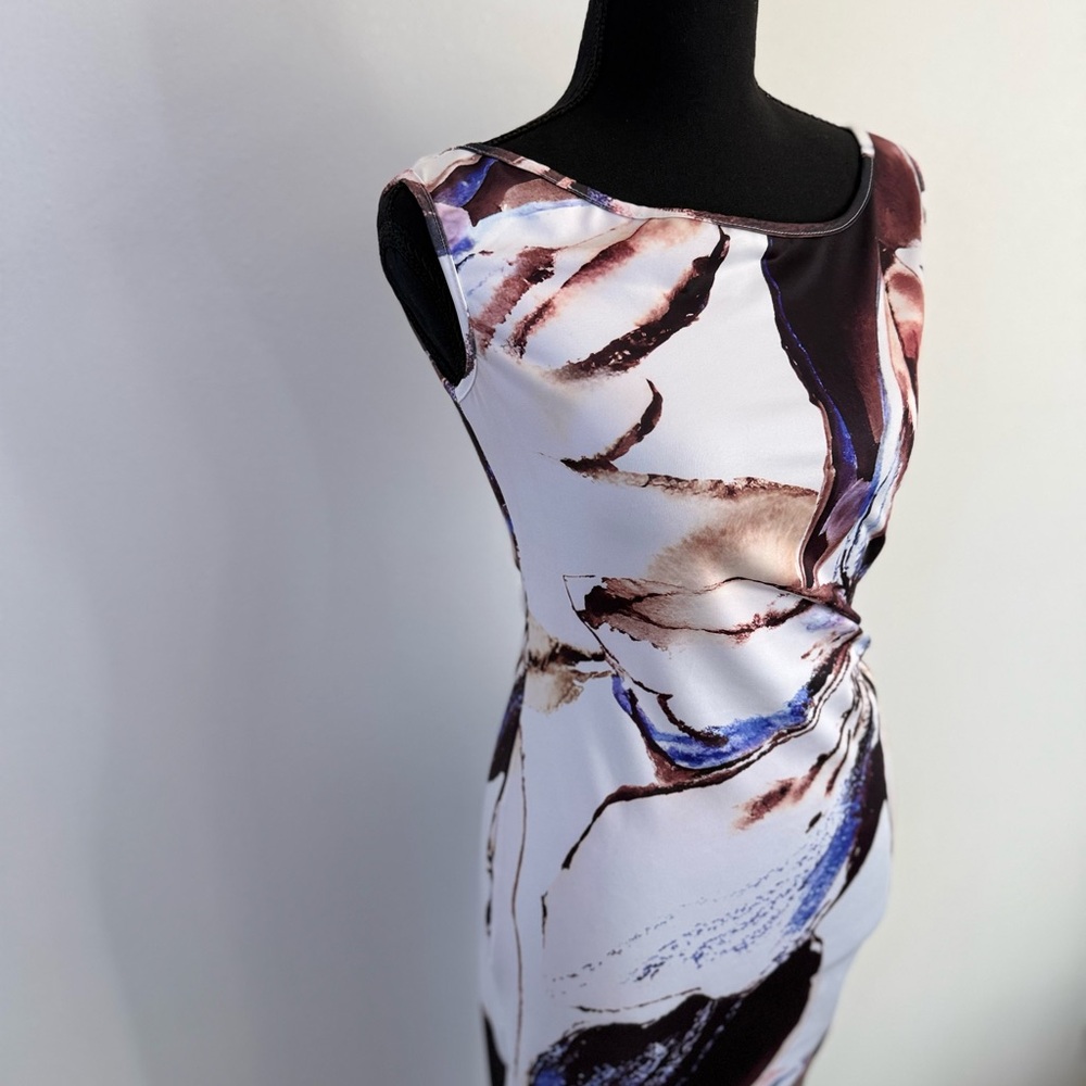 Floral Bodycon Midi Dress Ruched Waist Cocktail Wedding Guest S - Picture 2 of 10